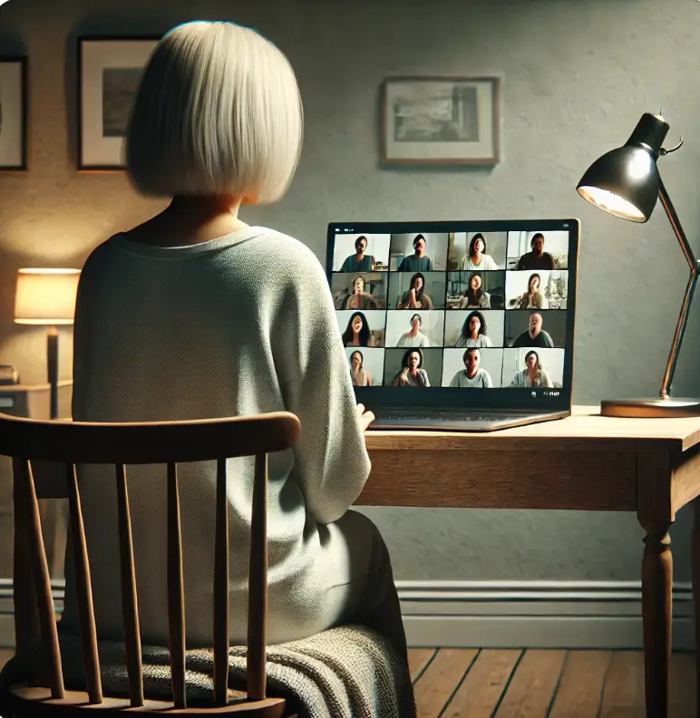 Eine Person mit grauen Haaren sitzt von hinten sichtbar vor einem geöffneten Laptop. Auf dem Bildschirm ist eine Video-Konferenz mit mehreren Personen in kleinen Fenstern zu sehen. Die Person sitzt in einem schlichten Raum mit wenig Einrichtung, und das Licht des Bildschirms beleuchtet den Raum dezent.