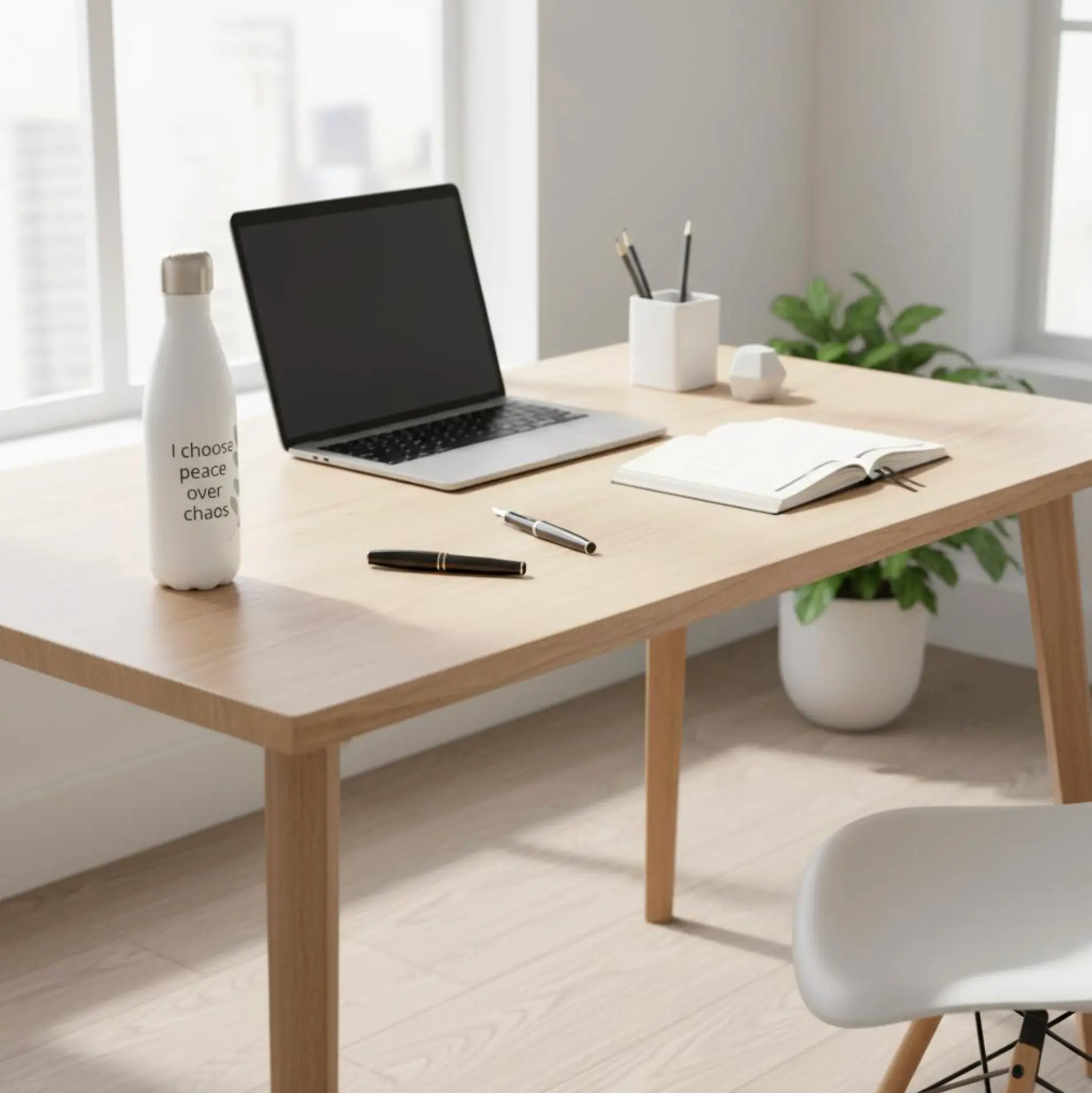 Stainless steel water bottle with affirmation "I choose peace over chaos" (Scene 5)