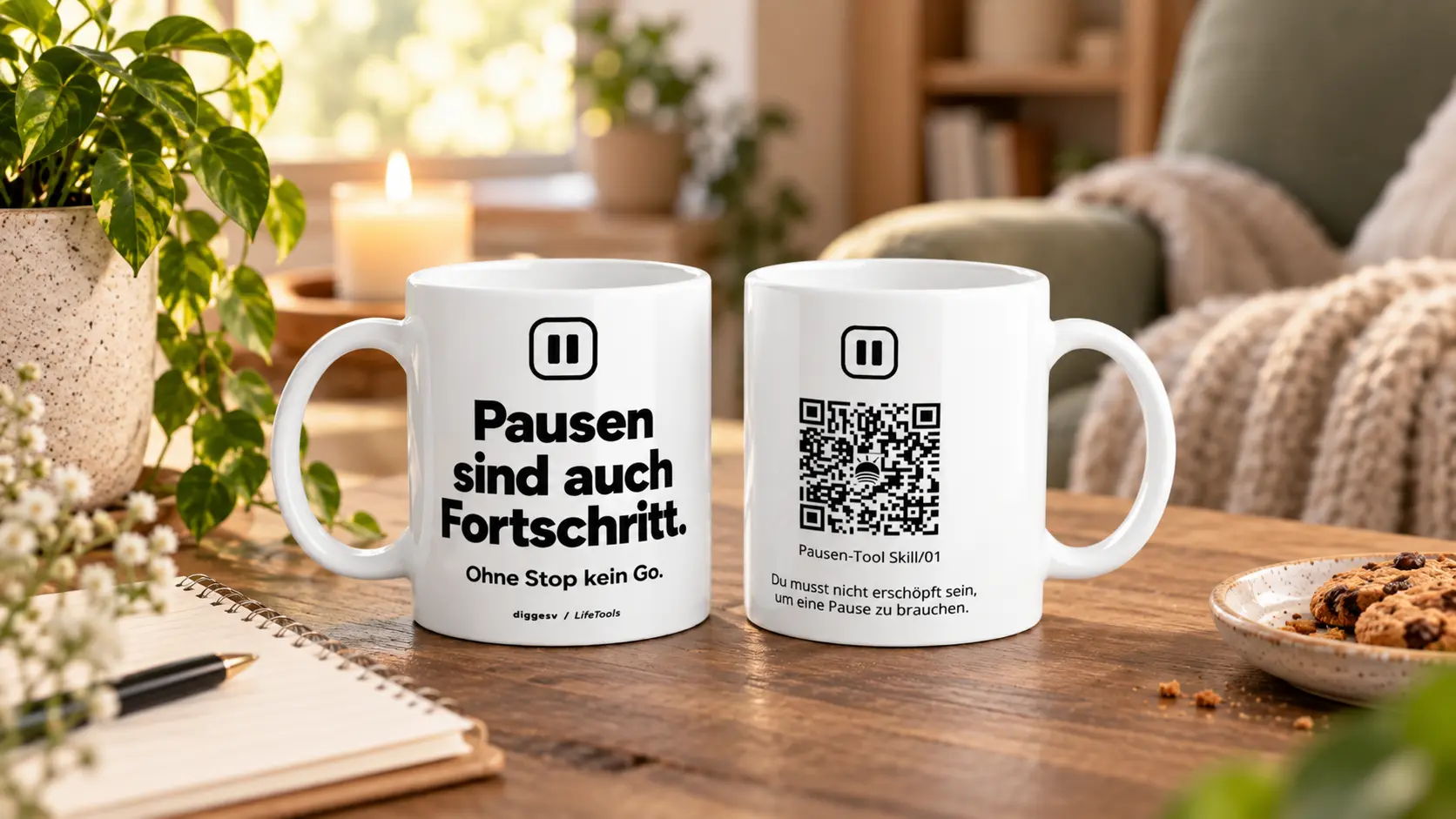 Bild 2: Zwei weiße Kaffeetassen stehen nebeneinander auf einem Holztisch. Die linke Tasse zeigt ein Pause-Symbol und den Text „Pausen sind auch Fortschritt. Ohne Stop kein Go.“, während auf der rechten Tasse ein QR-Code zu sehen ist.